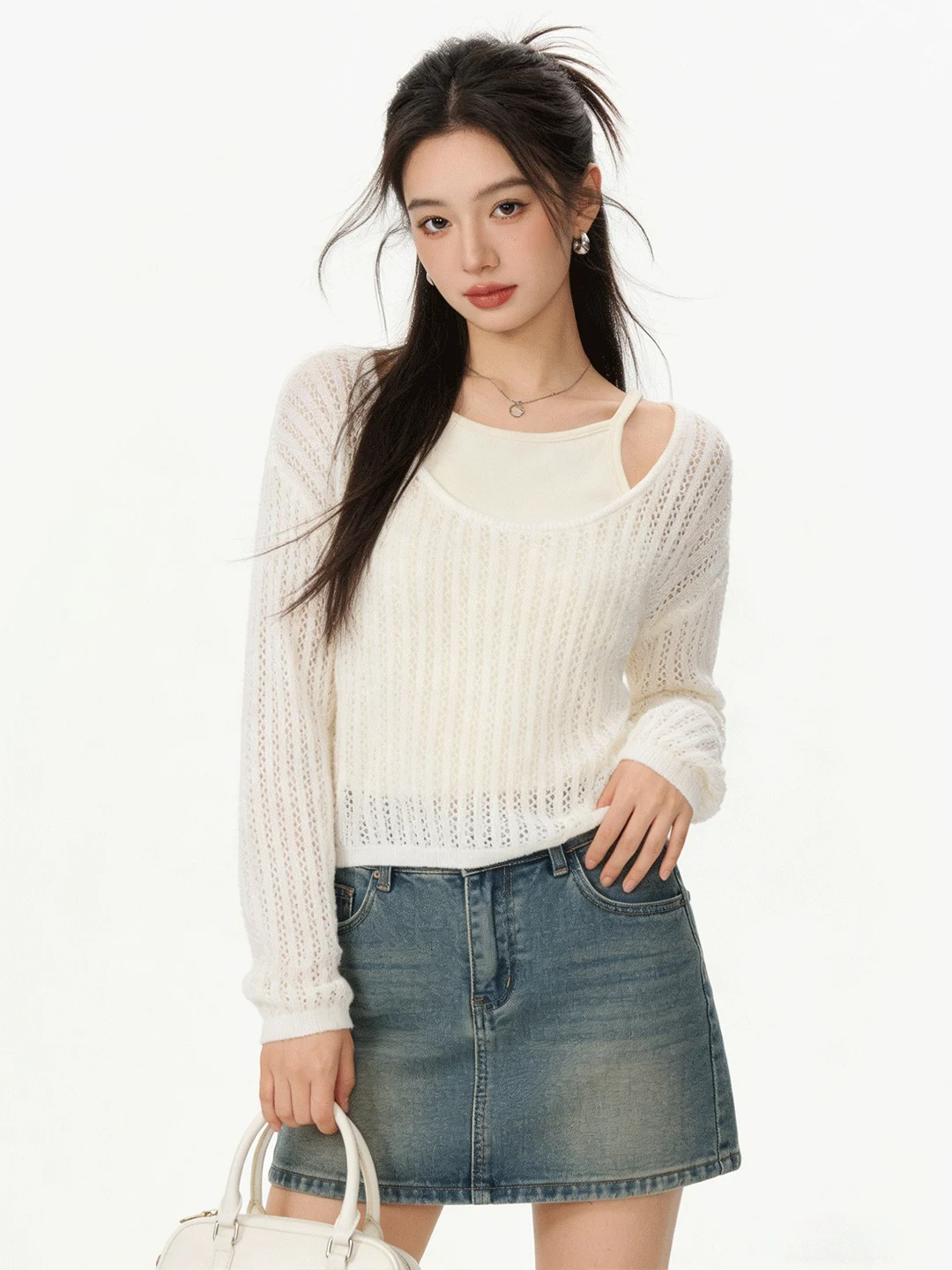 

Korean Style Casual Knitted Two-Piece Set Breathable Sunshade Casual Early Spring Knitted Camisole Inner Wear Slimming Effect