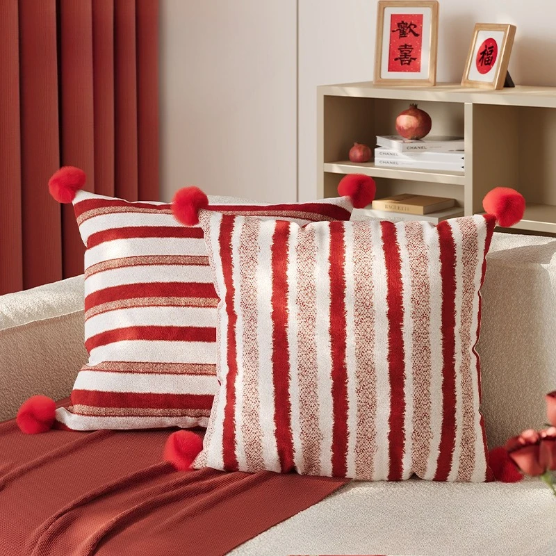 Luxury Dutch Velvet Cushion Cover Red Striped with Pom-poms Decorative Throw Pillow Case for Wedding Marriage Gift Home Decor