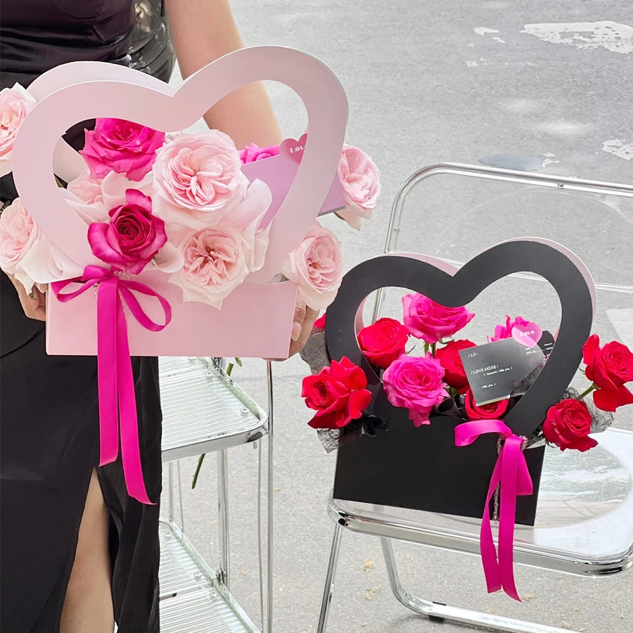 5/10Pcs Heart-Shaped Paper Flower Boxes with Handles, Gift Bags for Weddings Valentine's Day Mother's Day Graduations & Parties