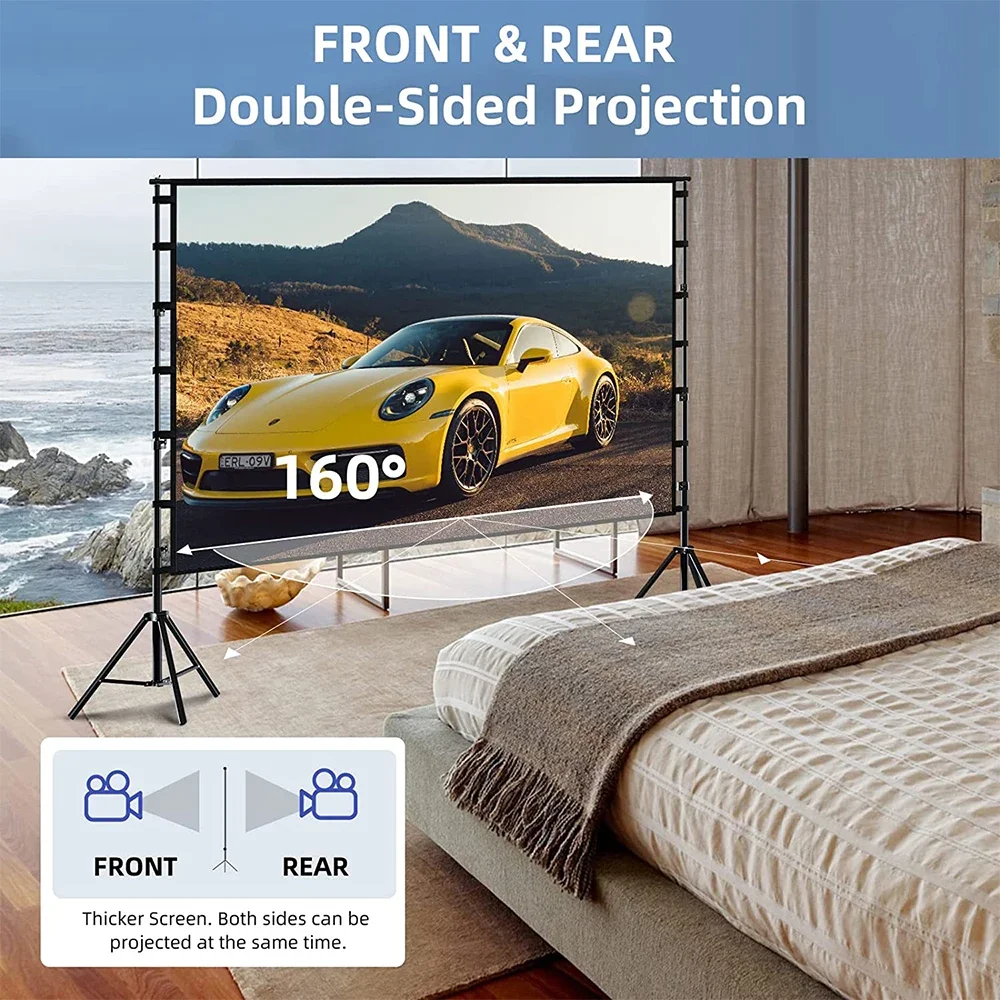 LEJIADA Projector Screen With Stand White Wrinkle-Free 60-150 inch 160° Viewing Angle Double Sided Screen Home Theater Outdoor