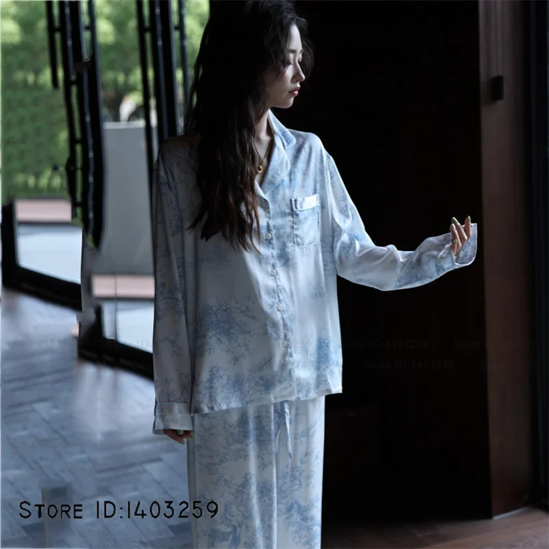 Sexy Women's Pijamas Lingerie Silky Satin Long Sleeve Trouser Pajamas Set Spring Autumn Print Flower Homewear Loungewear Pyjama