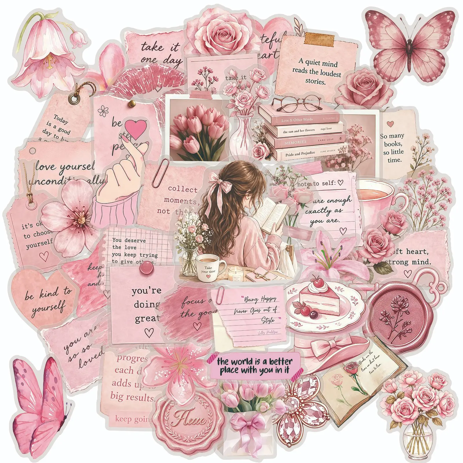 50 autocollants transparents roses aquarelle motivants pour bagages, téléphones, guitares, scrapbooking, autocollants imperméables pour livres