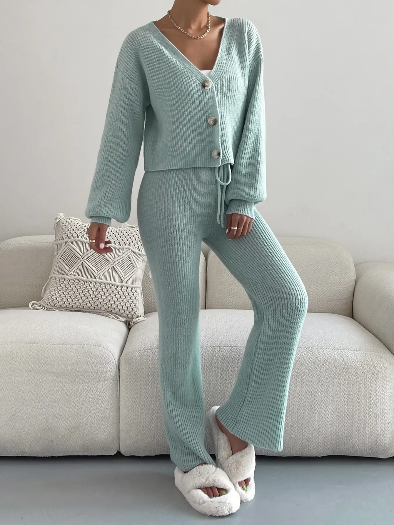 2023 V-neck Women\'s Cardigan Pant Two Piece Set Loose Long Sleeve Lace Up Pants Suit Female Nice Winter Ladies Elegant Sets