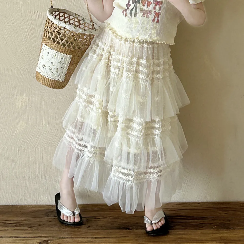 Girl Skirts 2024 Summer and Spring Girls Gauze Cake Skirt Korean Style Children Long Skirt Baby Splicing Princess Skirt