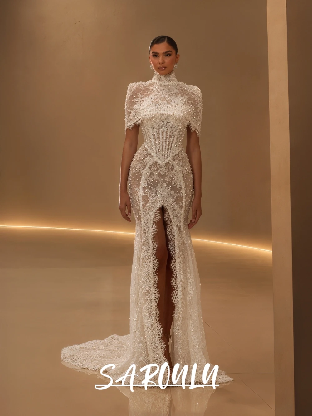 Luxury Pearls Mermaid Wedding Dress With Cape Elegant Sparkling Sexy Front Slit Customized Bridal Gown Illusion Slim Fit Wear
