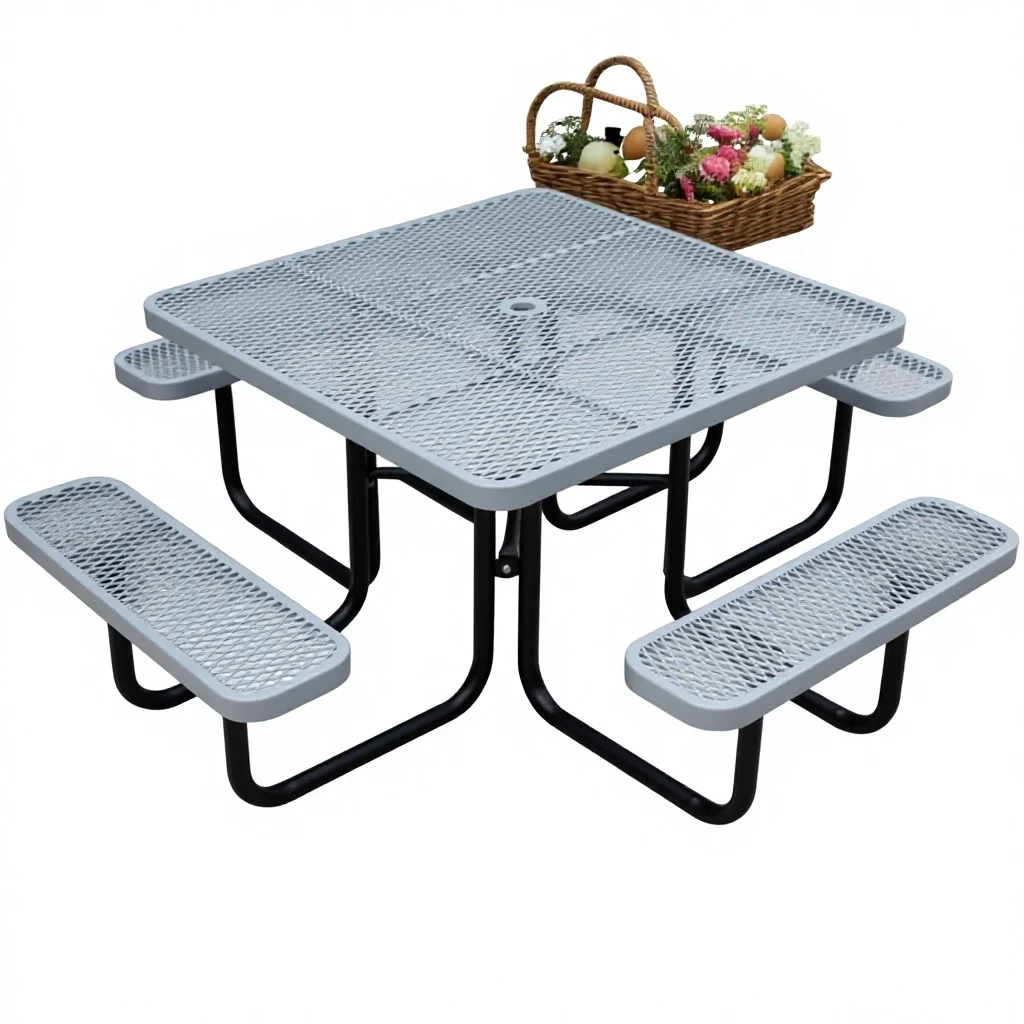 

46" Industrial Square Commercial Metal Picnic Table Bench Set Umbrella Hole Heavy Duty Sturdy For Restaurants Coffee Shops