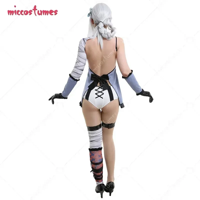 Miccostumes Donna Sexy Lingerie con cinturino con fiocco Indumenti da notte Reggicalze Abito azzurro Set completo Costume cosplay con leggings