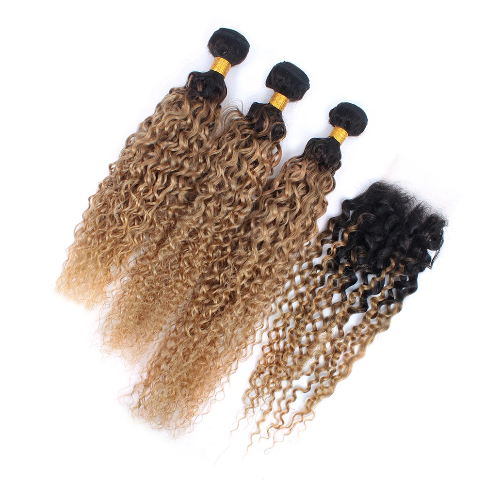 Water Wave Bundles with Closure, Honey Blonde Brazilian Human Hair, 1B/27 Curly