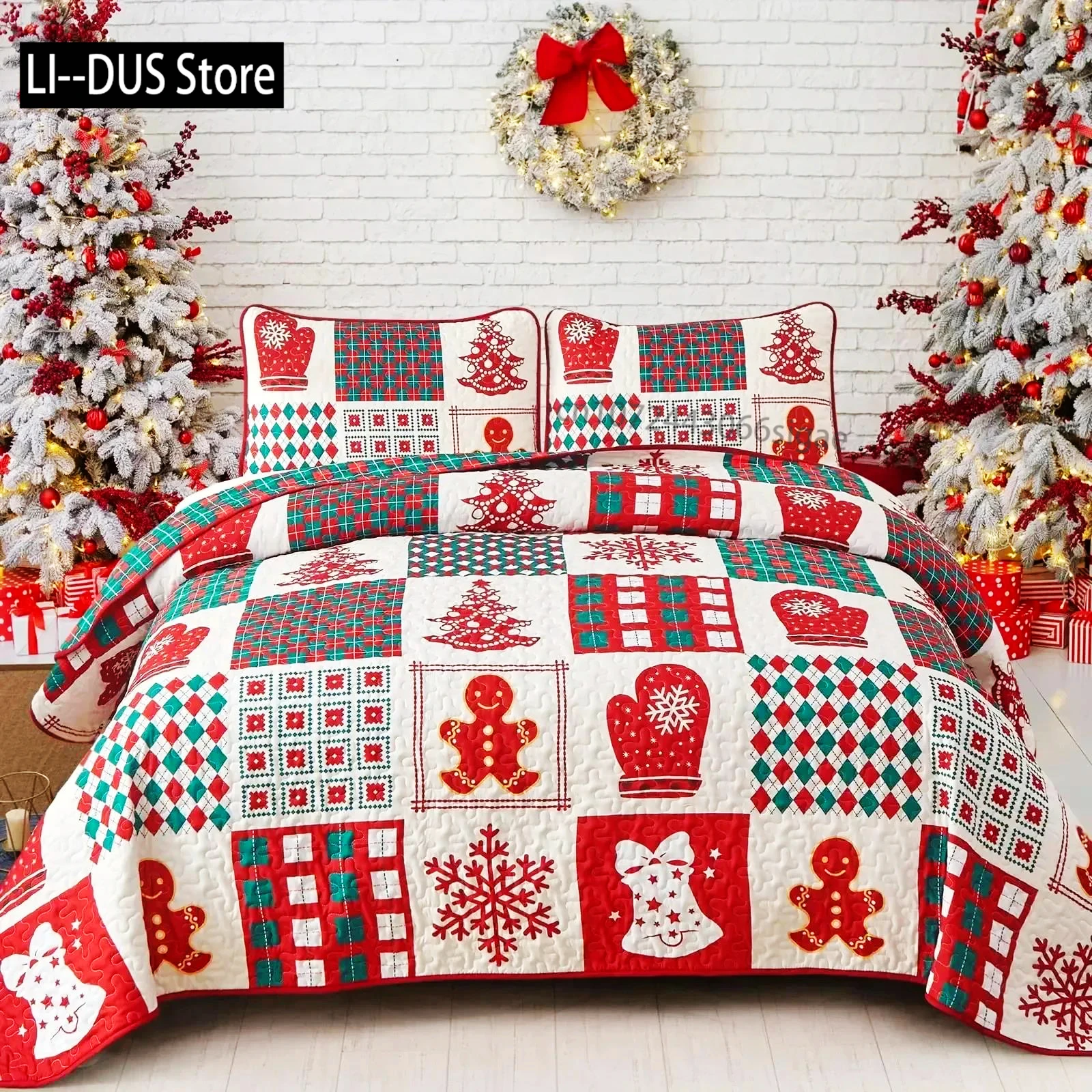 Merry Christmas Duvet Cover Set,Red Xmas Bells Bedding Set Fantasy Snow Tree Comforter Cover New Year Festival Quilt Cover Deco