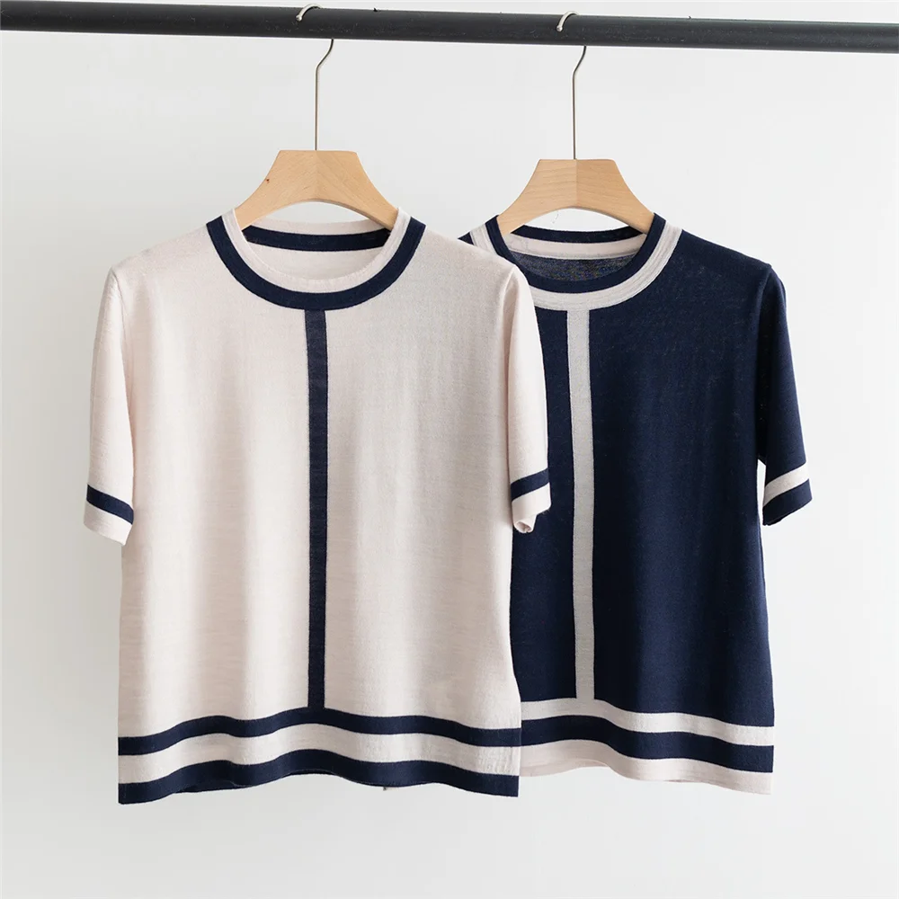 

Women's Round Neck Cardigan Sweater Summer New Colorblock Knitted Short Sleeves T-Shirt