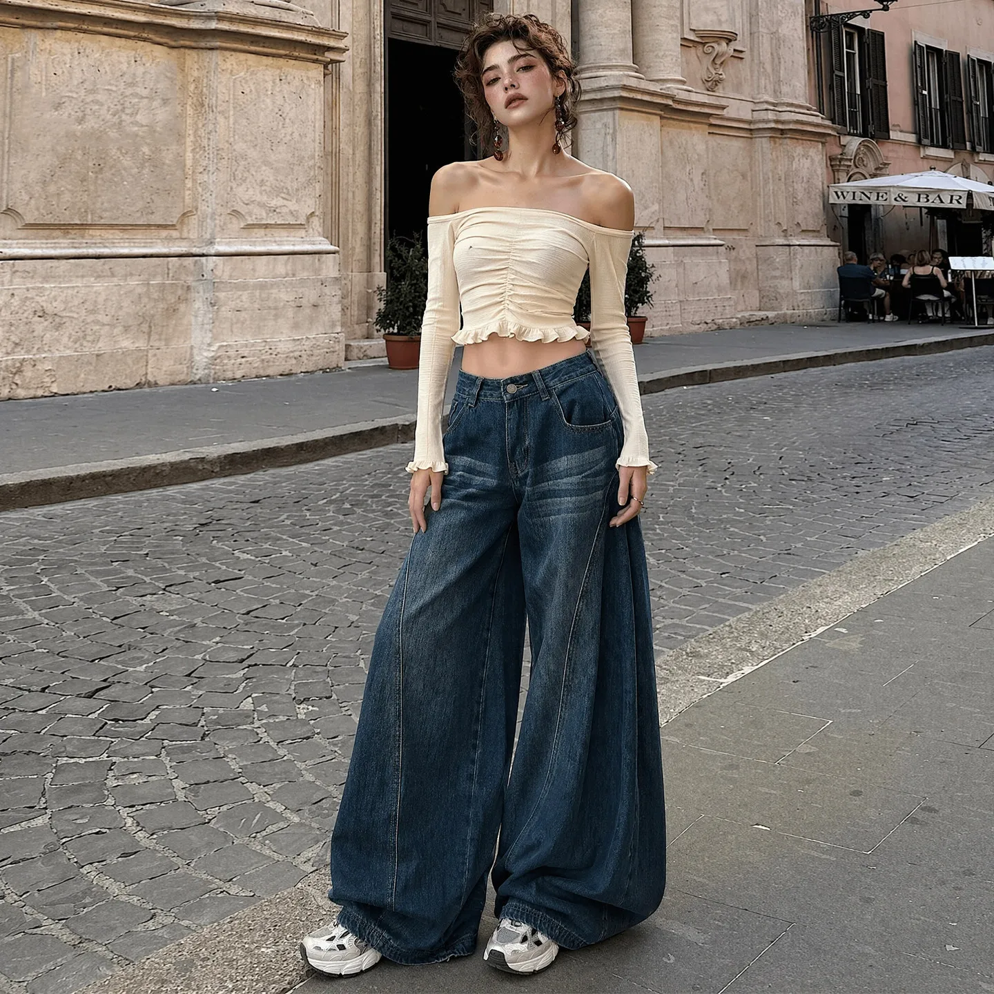 Retro Blue American High Street Wide Leg Jeans Women's New 2026 High Waist Design Loose Knife  Pants Cotton Stretch Denim