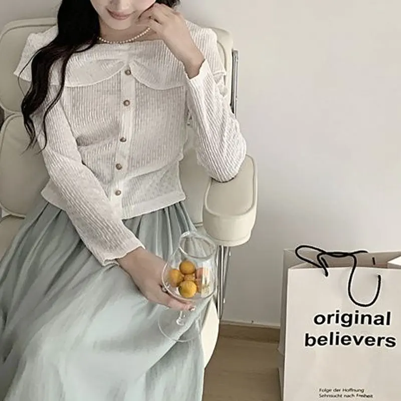 Slash Neck Elegant Gentle Knitted Shirt Female Clothing Solid Color Slim Casual Spring Autumn Fashion Folds Long Sleeve Blouse