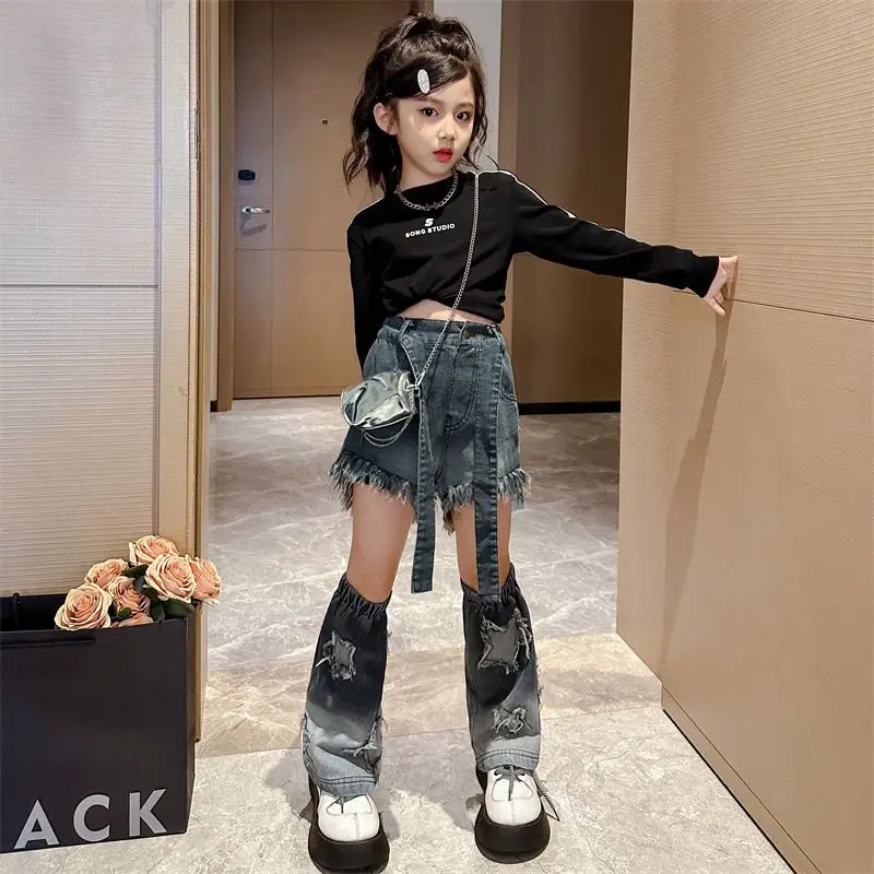 

Hip Hop Girls Crop Top Street Dance Jeans Pants Child Sweatshirt Two Sections Shorts Streetwear Clothes Sets Kids Jazz Costumes