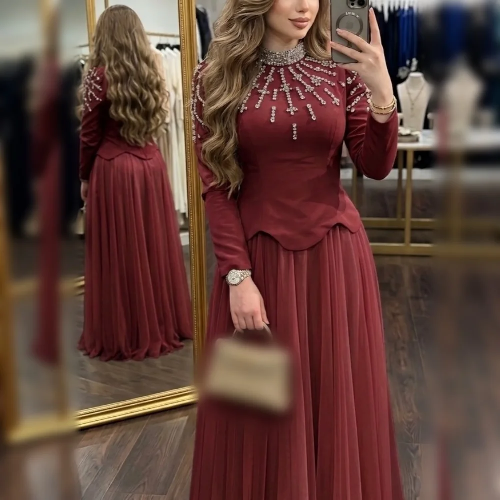 Maßgeschneiderte Ballkleider 2026 Formelle Abendkleider Strass Hochkragen A-Linie Lange Kleider Elegantes Hochzeitspartykleid