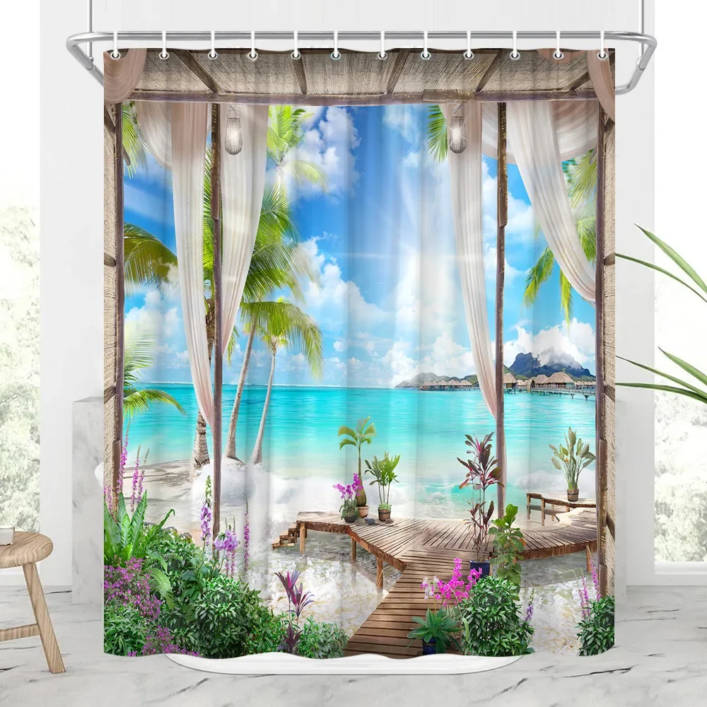 Seaside Landscape Outdoor Shower Curtain Ocean Beach Tropical Plants Nature Landscape Faux Window Hanging Curtain Bathroom Decor