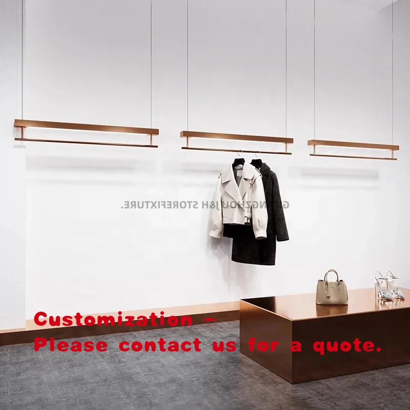custom.New Rose Gold Clothes Rack Popular Clothing Store Furniture Wall Ceiling Metal Display Stand with LED Light