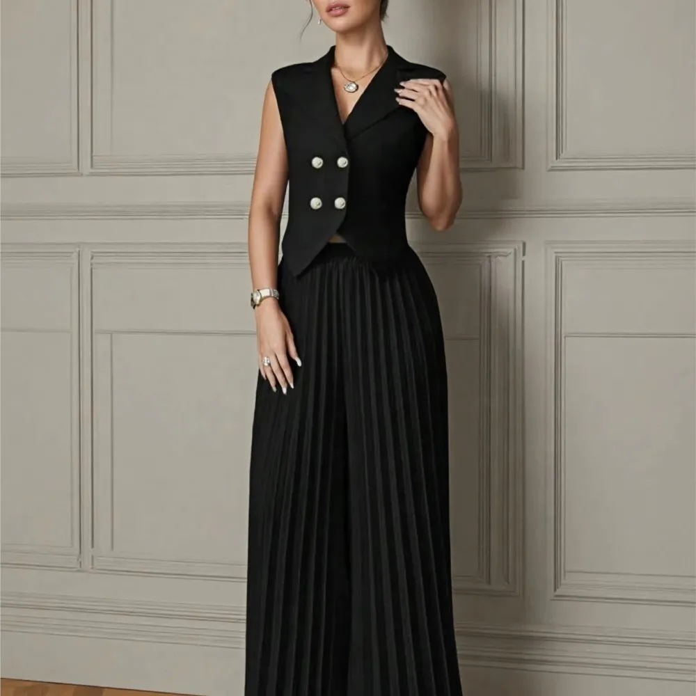 ノースリーブベストとゆったりプリーツパンツのツーピースセット 春夏 レディース新作ファッションパンツセット Conjuntos De Pantalones 신상투피스