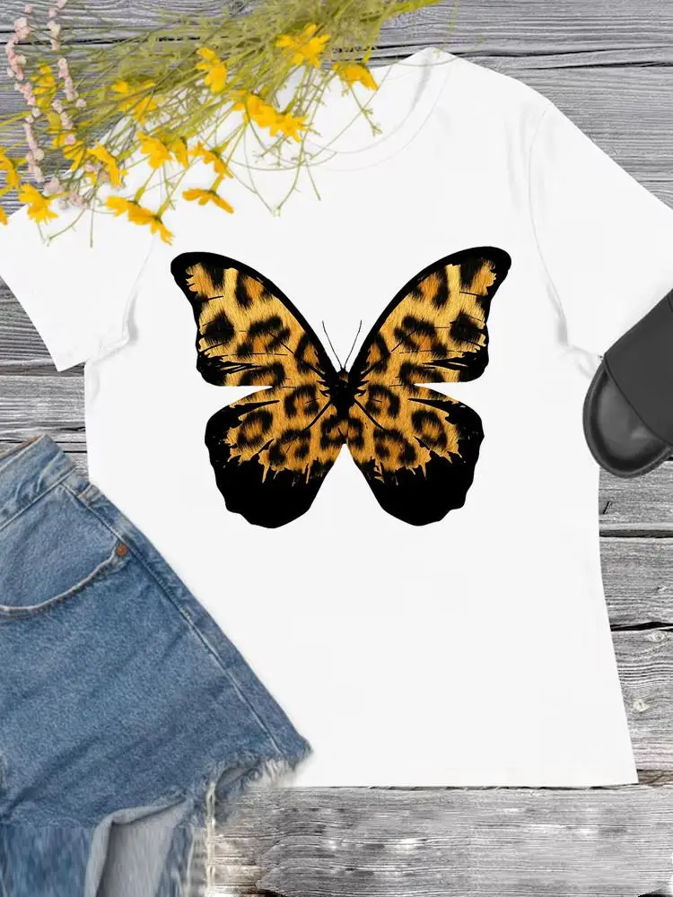 Leopard Butterfly z krótkim rękawem T O-neck T-shirt z nadrukiem ubrania damskie w stylu Casual, z nadrukiem modny top Tee kobiety odzież damska