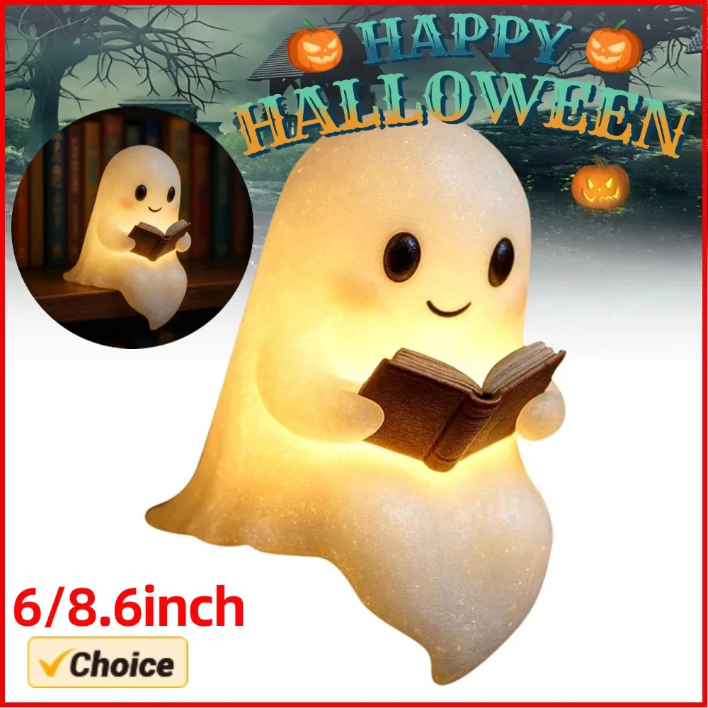 هالوين لطيف شبح مصباح صغير الراتنج بطارية تعمل بالطاقة تضيء هالوين زخرفة جميلة شبح القراءة تمثال ديكور ضوء الليل #2