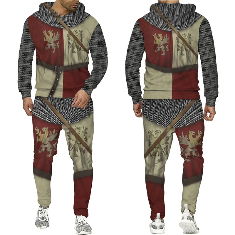 2024 Hot Sale Heraldic Lion Tattoo Templar Knight Armor Two Piece Set 3D printed Fashion Hoodie Pants Outfit Men's Clothing Suit