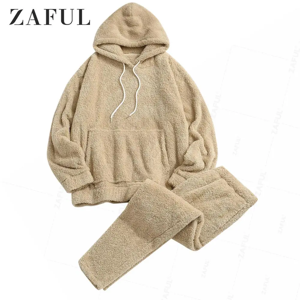 ZAFUL Solid Front Pocket Fluffy Fleece Hoodie And Pants Two Piece Set