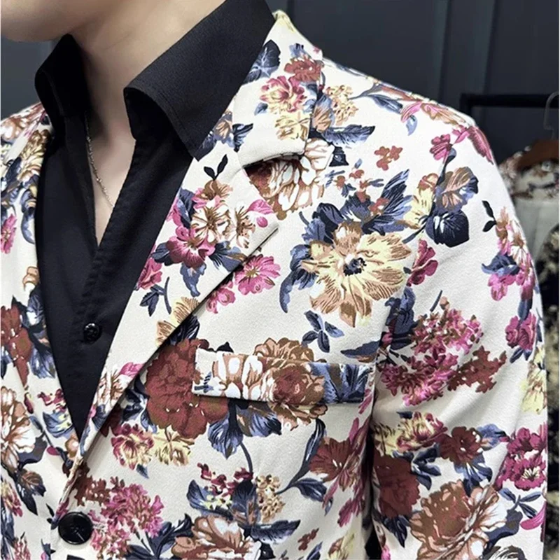 Bright Red Mens Printed Suit 2 Piece, Single Button V Collar Cotton Jacket with Trousers,Asian Size M-5XL, Men Sets, 2025 New