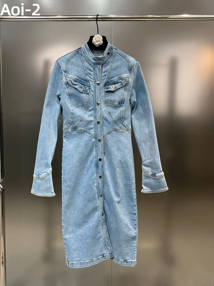

Fashion Commuter Blue Denim Dress Women Fall/Winter High Quality Stretch Collar Long Sleeve Pocket Design Stretch Slim Fit Frock