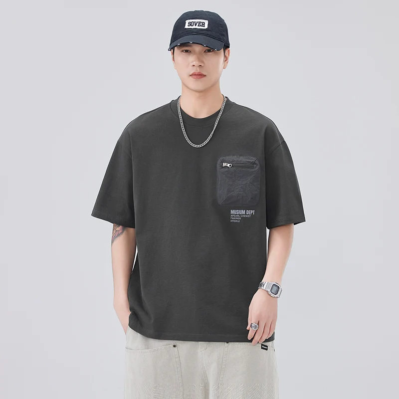 

Men's Streetwear Striped Tee with Wide Armholes American Pockets Japanese Loose Fit Workshirt for Daily Casual