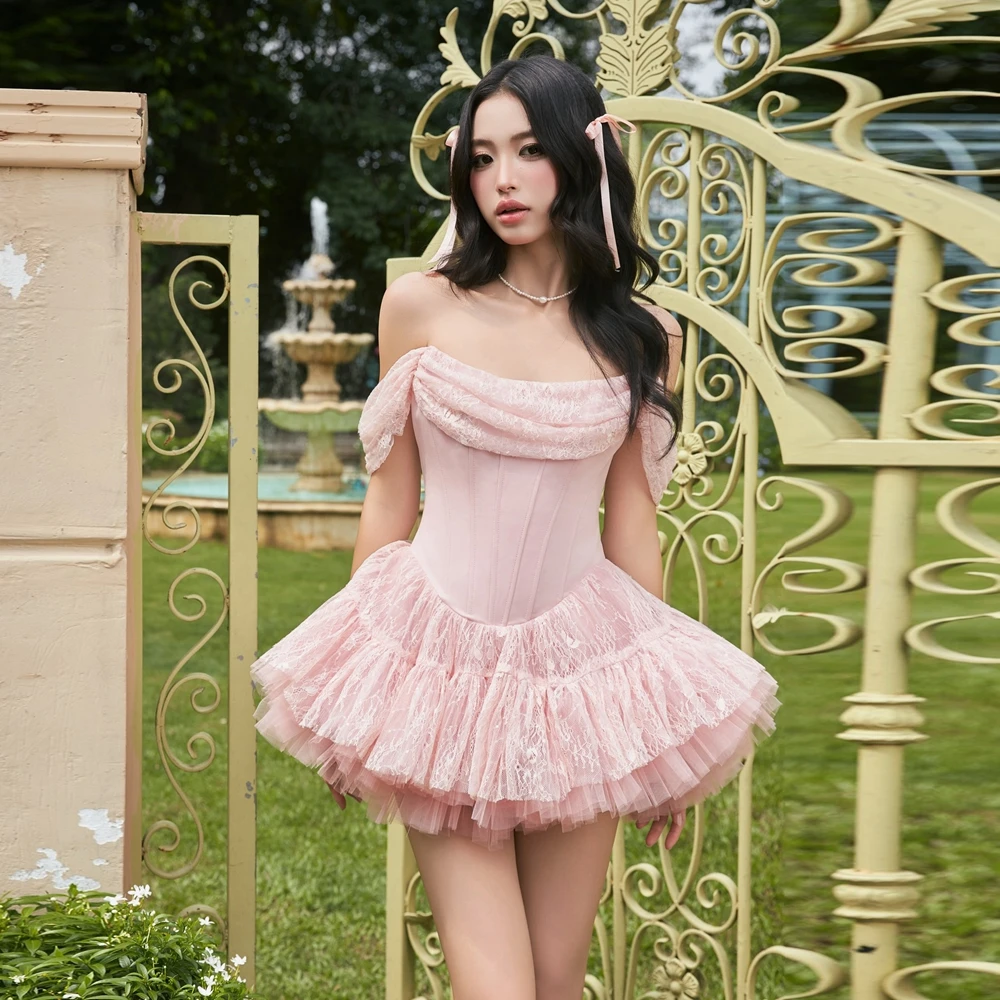 

Summer New Arrival Women Lace Mini Party Dress Soft Pink Mesh Ruffle Tiered Coaktail Dresses Off-Shoulder Cute Prom Gowns