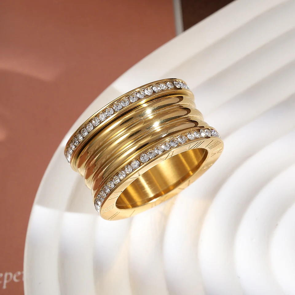 

Uilz Gold Plated Roman Numerals Ring Stainless Steel Shiny Zircon Ring Exquisite Party Anniversary Jewelry