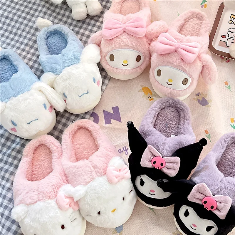 

Kawaii Sanrio Anime Kuromi Cinnamoroll Hello Kitty Winter Girl Thickened Warm Cotton Slippers Can Be Worn Outside Home Shoes