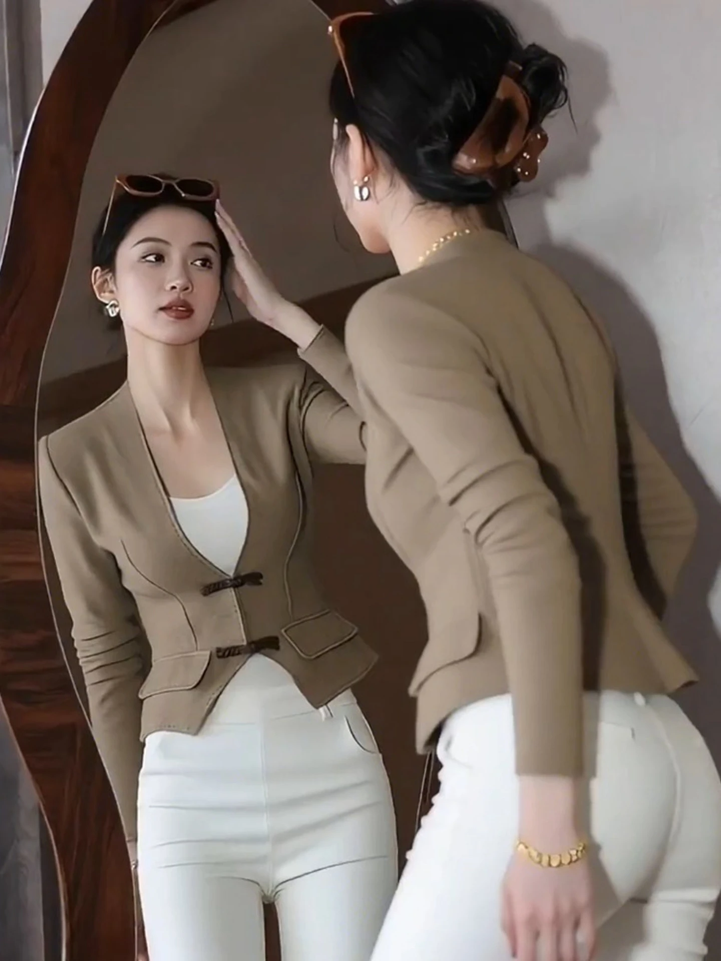 여성용 빈티지 슬레 버튼업 코트 슬림핏 패셔너블 봄 가을 탑