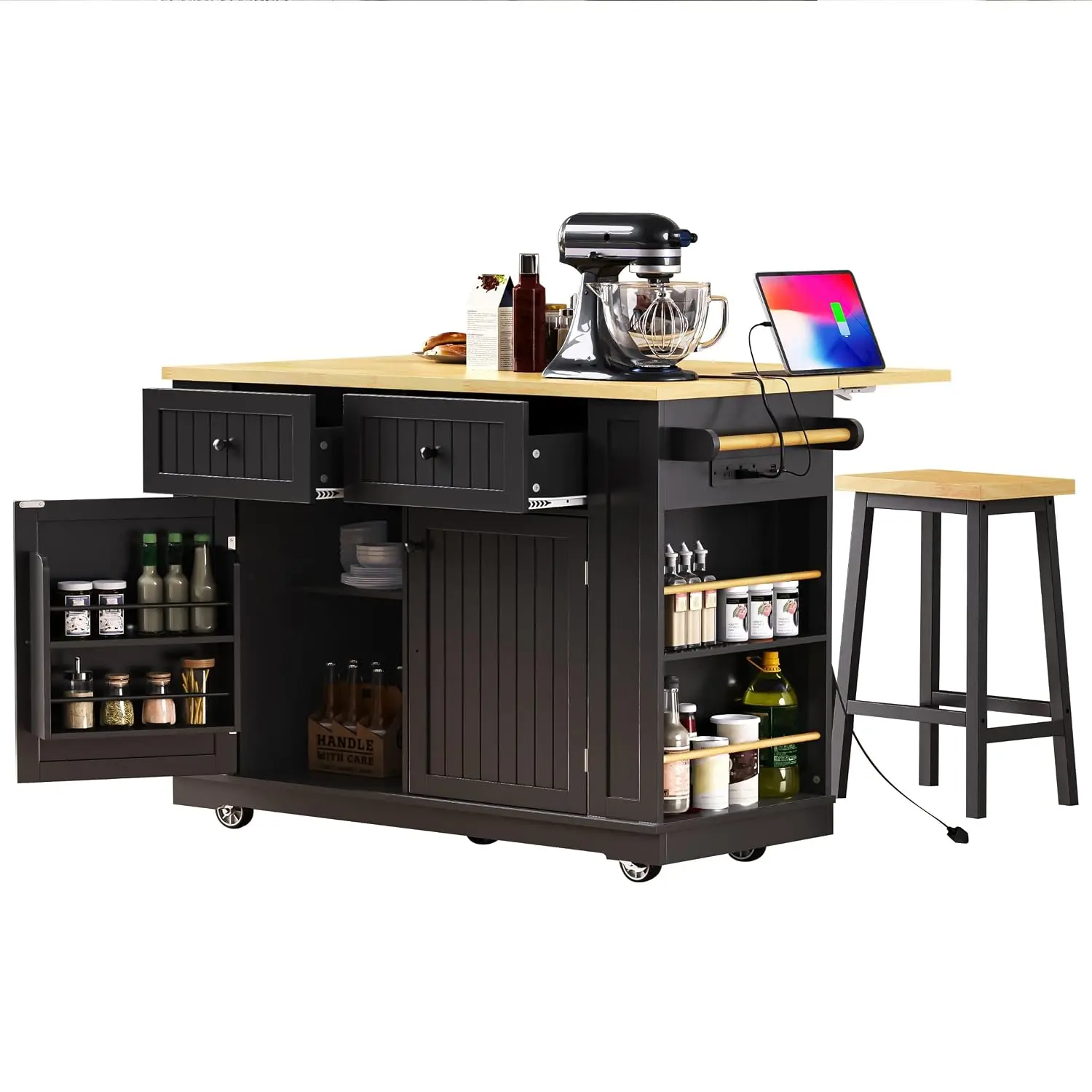Large Kitchen Island with Drop Leaf & Power Outlet, 48 Inch Rolling Cart, 5 Wheels, Storage Racks & 2 Drawers, Black, Customized