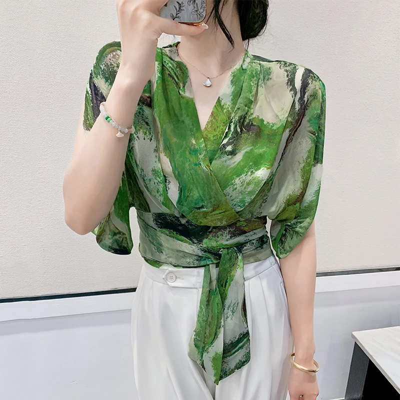 

Women's V-ne ort Sve Chiffon Printed irt Summer Slimming Top High Design Sense Drifting Belt Korean Sle Loose Fit