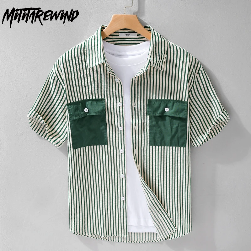 

Summer New Striped Shirt Men Daily Causal Short Sleeve Shirt Lapel Double Pockets Bubble Shirt Youth Fashion Tops Fresh Shirt