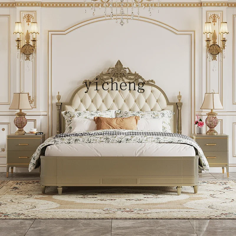 V5.9  French bed First layer cowhide  American light luxury carved bed Master bedroom solid wood double bed