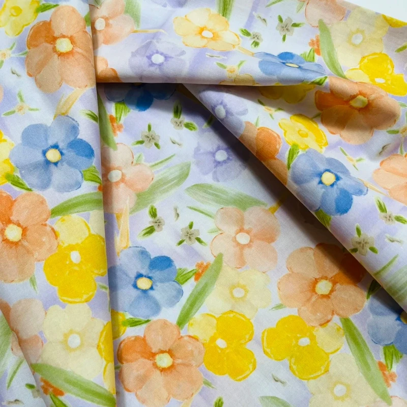 Pure Cotton Fabric, Digital Printing, Purple Yellow Small Flower 60s Poplin, Dress Shirt, Pajamas, DIY Cloth, 145x50cm