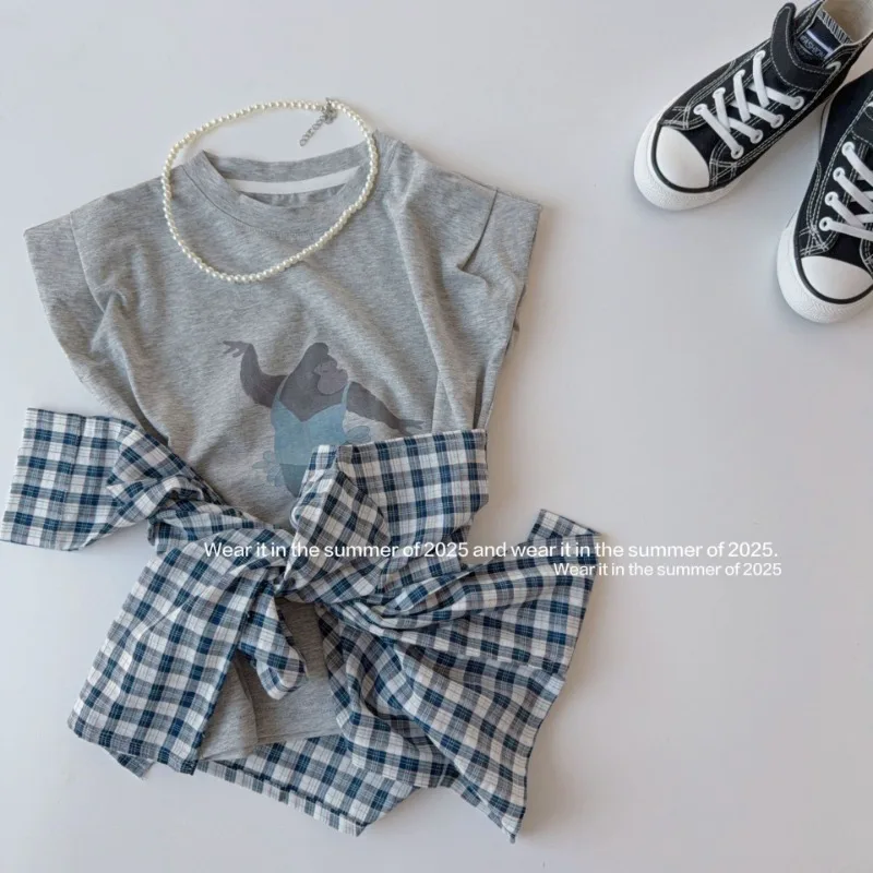 

2025 Summer Korea Kids Clothes Baby Girls Cartoon Sleeveless T Shirt fashionable Plaid Vest Two-piece Set Cotton Tank Top 2-8y