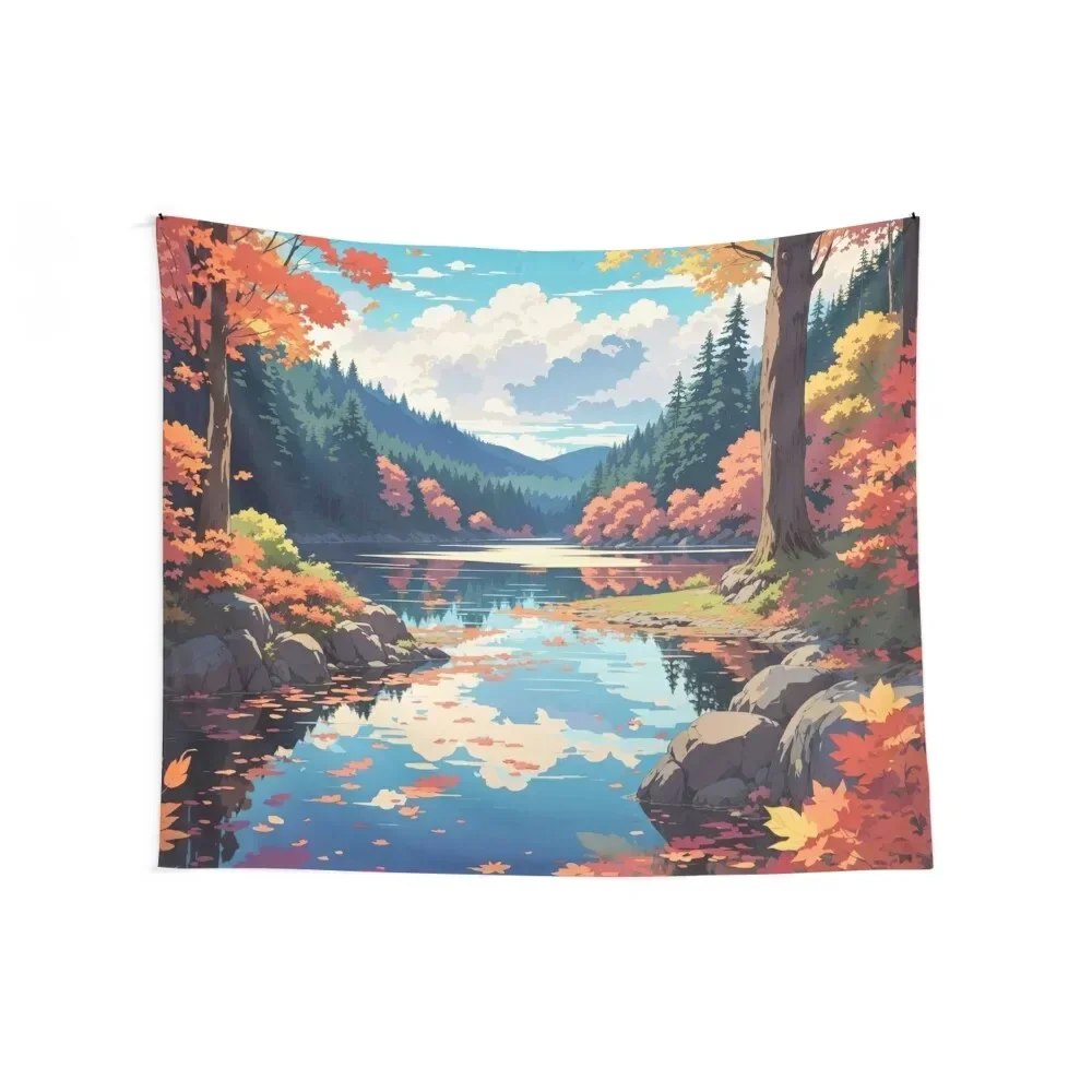 Fallen Leaves and Calm Waters: A Tranquil Lake Scene Tapestry Wall Decor Hanging Decor For Room Tapestry