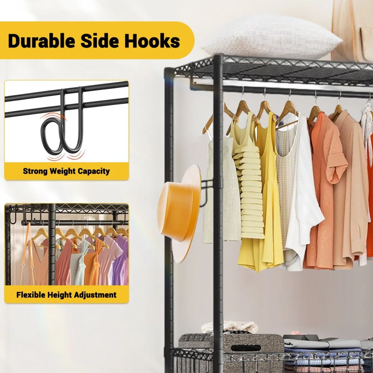 Metal Garment Rack Clothes Rack For Hanging Clothes Adjustable Wire Clothing Rack With Storage Shelves And Hang Rod
