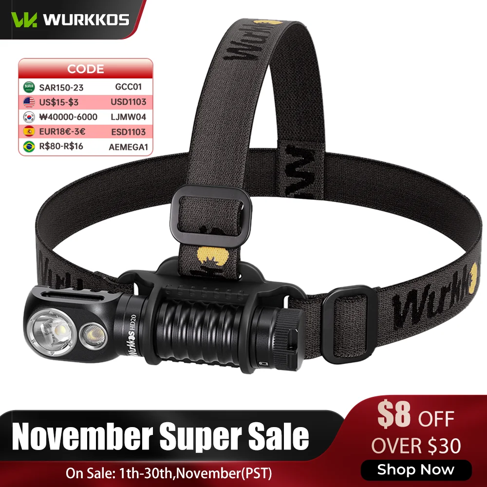 Wurkkos HD20 충전식 전조등 2000LM 자기 토치 IP68 스포트라이트 투광 조명 21700 캠핑 용 EDC 헤드 라이트 보조베터리