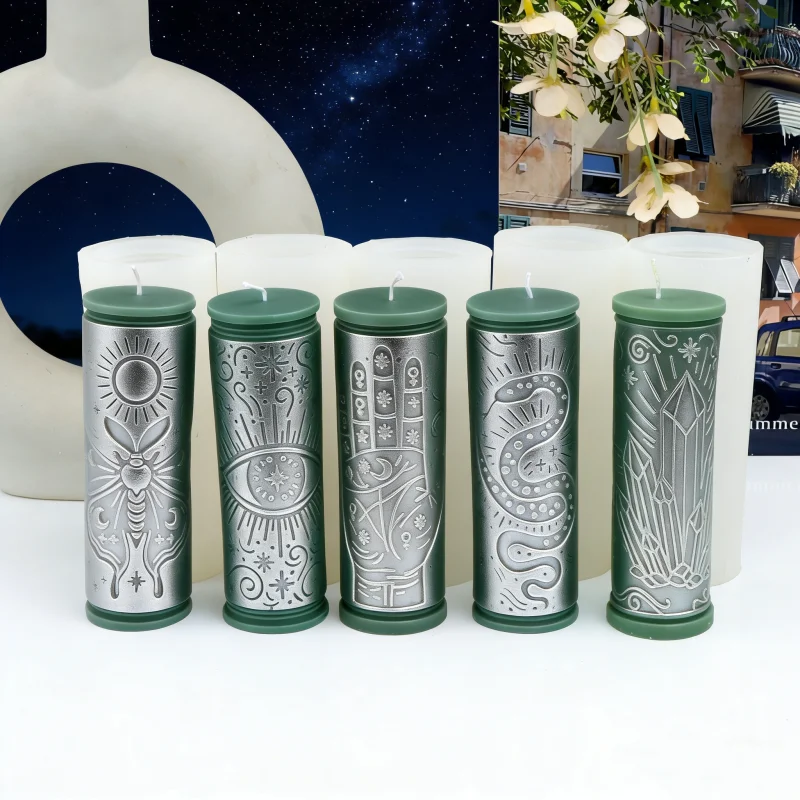 3D Esoteric Cylinder Silicone Candle Molds Relief Mystic Moth Snake All-Seeing Eye Pillar Resin Crafts Mold Handmade Decor Gifts view 3