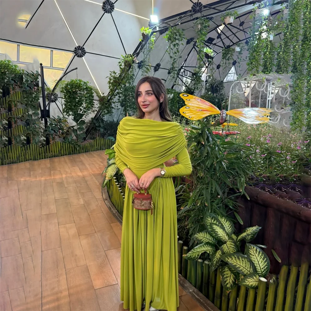 

Modern Evening Dress Customized Boat Neck Long Sleeves Simple Evening Gowns for Women 2025 Pleated A Line Formal Party Dresses