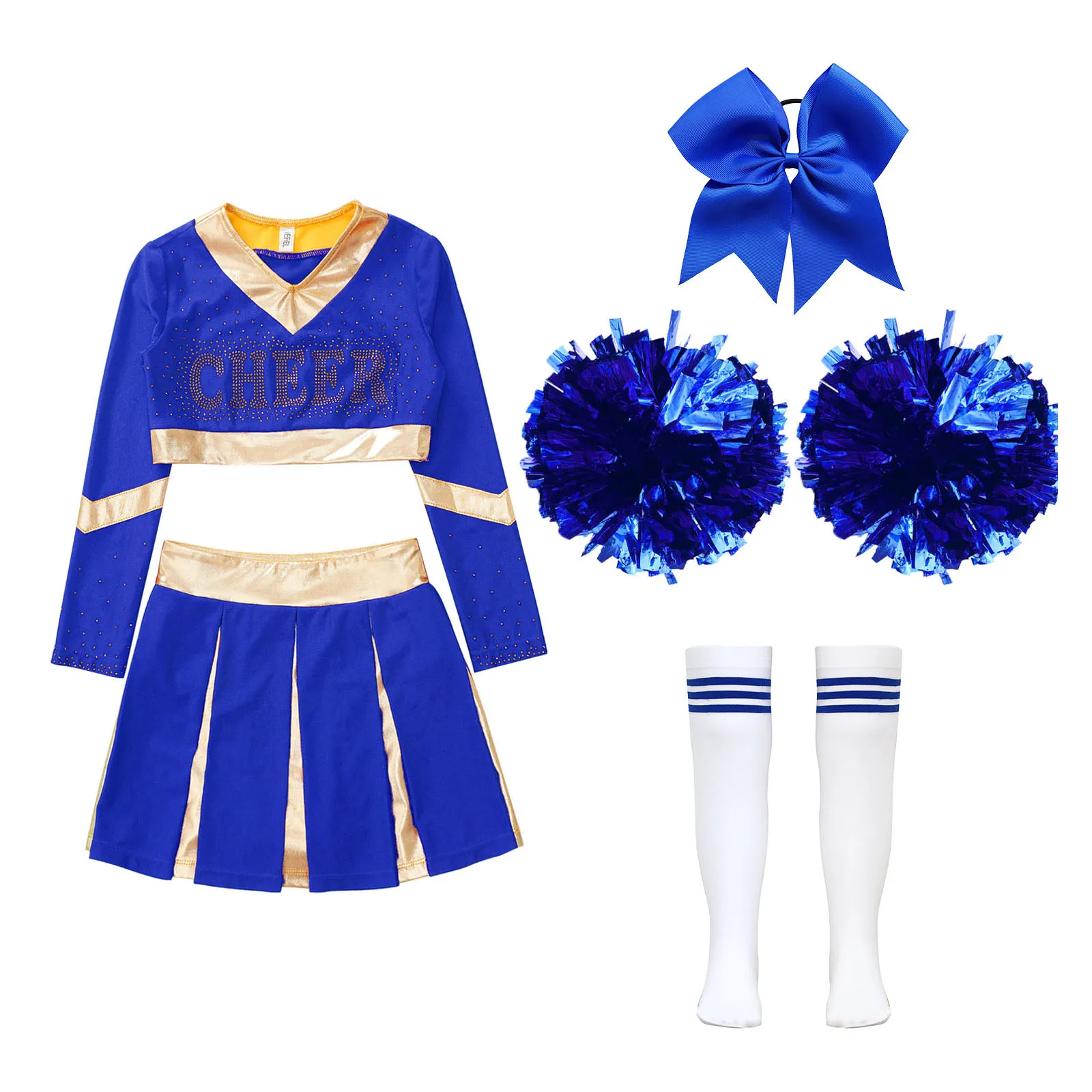 Kids Girls Halloween Cheerleader Costume Cute Cheer Uniform Outfit with Accessories for High School Cheerleading Team Sports