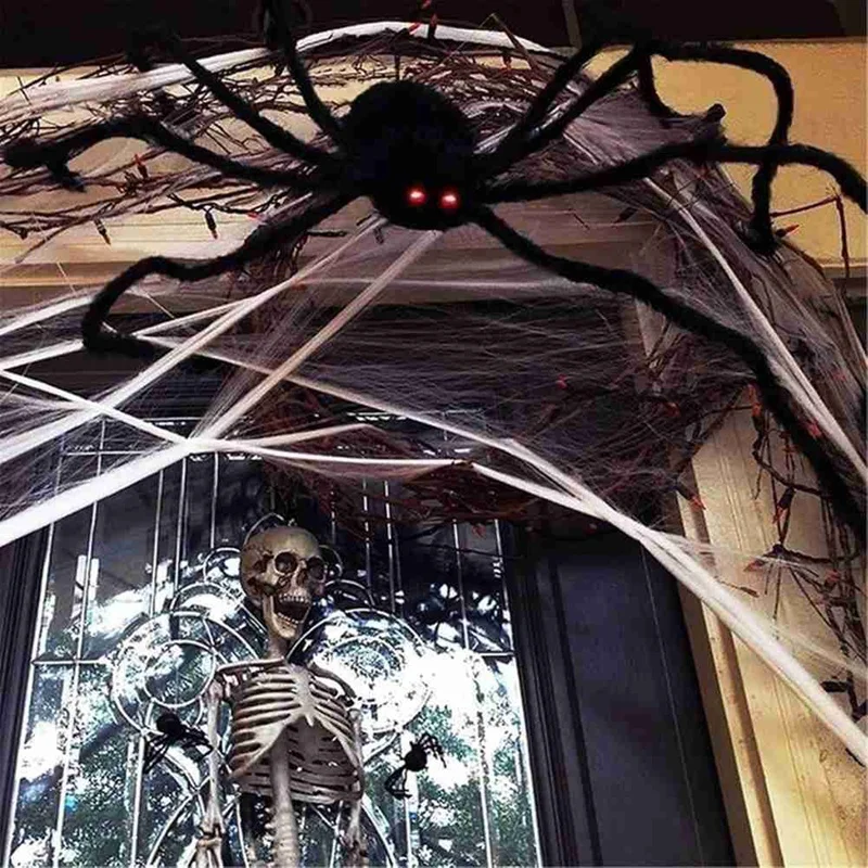 Giant Plush Spider Ornament Pseudo-Hairy Spider With Red Eyes Skeleton Spider Halloween Horror Decorations