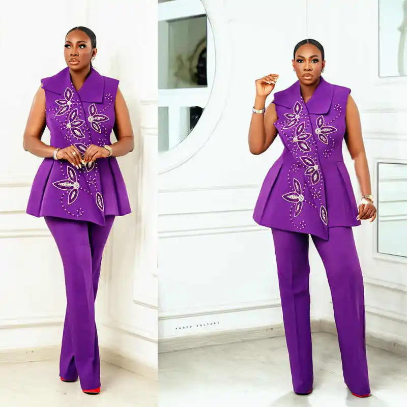 

Luxurious Beading Women Suit 2 Pieces Gorgeous Sleeveless Crystal Jacket Wide Leg Pants Evening Gowns Customized