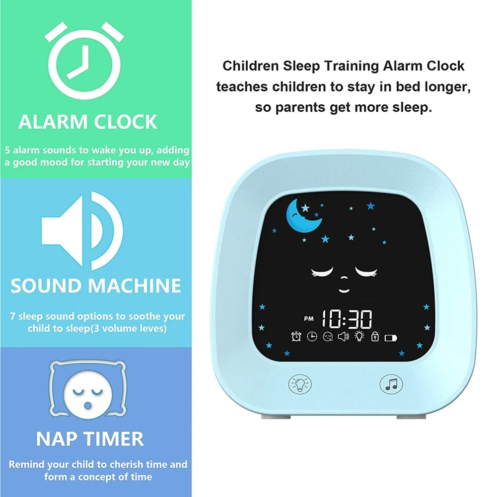 A23E-1 Set Alarm Clock For Kids Children's Sleep Trainer Clock With 4 Color Toddler Night Light, Sleep Sound Machine Blue