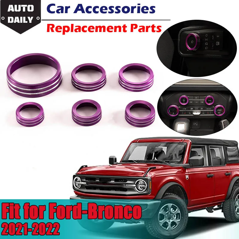 

6pcs Purple Central Switch Knob Cover Ring Trim Air Audio Headlight WD Trailer Gear Suit Fit For Ford Bronco 2021 2022 2 4 Door