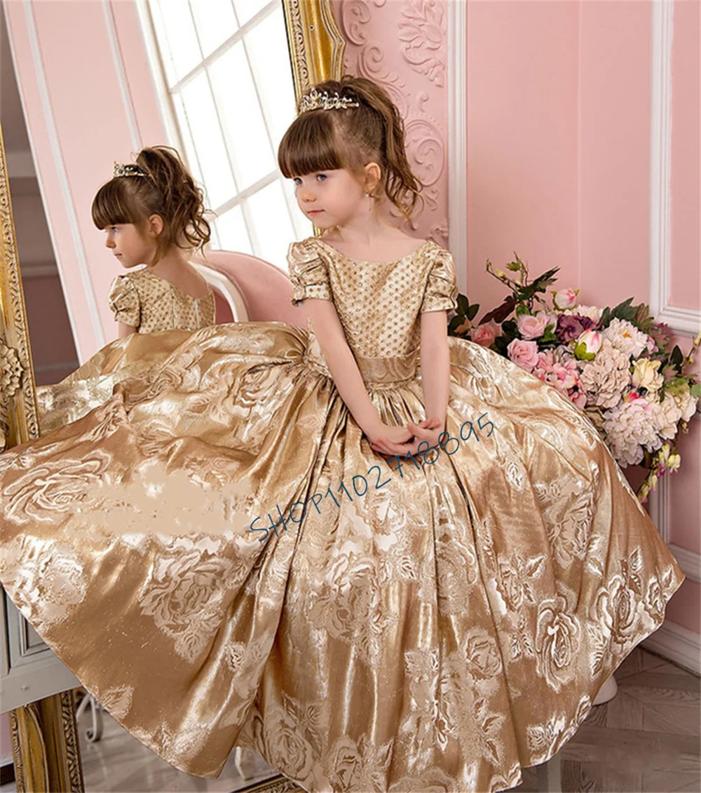 

Luxury A Line Gold Flower Girl Dress Floor Length With Bow Satin Sequined Dresses For Wedding First Communion Dresses Ball Gown