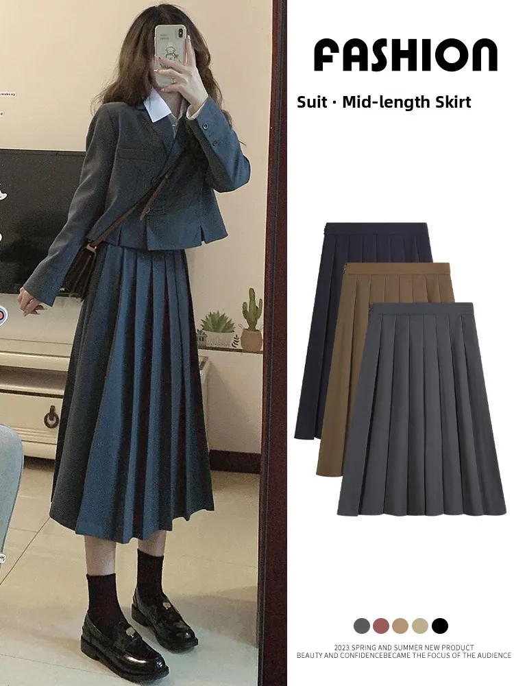 

ay High Waist A-Line Skirt Women's Long Spring Autumn Winter Pleated ature Umbrella Skirt Slimming Midi Skirt